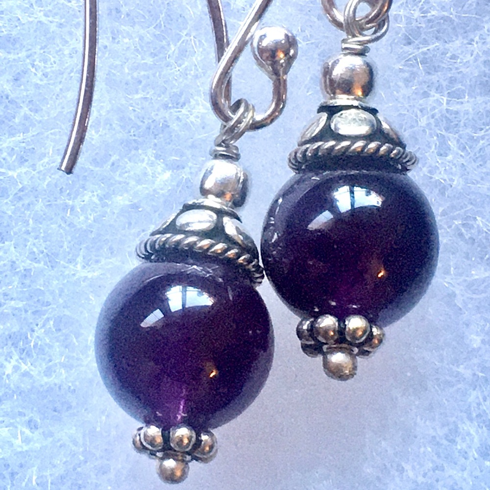 Amethyst & Sterling Silver Dangle Indian Boho Earrings - Picture 2 of 6